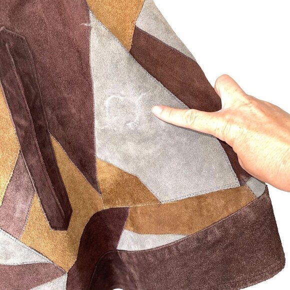 Vintage Handmade Suede Patchwork Poncho Womens One Size Pullover Slit Pockets - Picture 7 of 12
